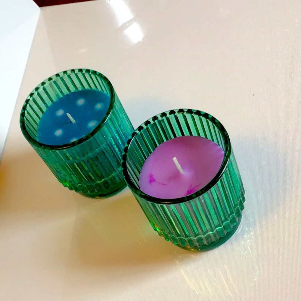 Scented Candle Set of 2 Pillar Green Glass